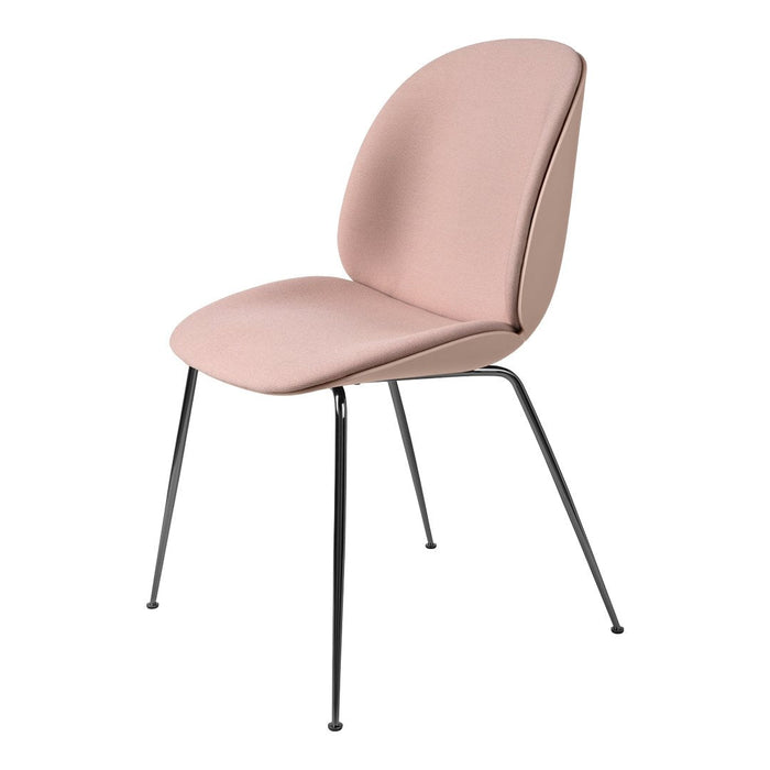 Pink upholstered chair with a smooth, minimalist design and sleek black metal legs. Perfect for modern spaces.