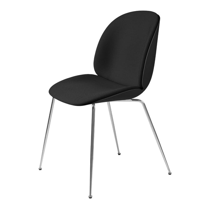 Sleek black chair with a smooth, minimalist design and shiny chrome legs. Ideal for modern decor.