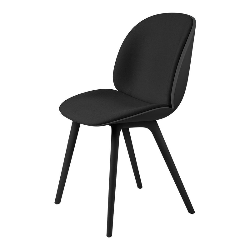 Black modern chair with a smooth, matte finish and minimalist design, featuring solid black legs and seat.