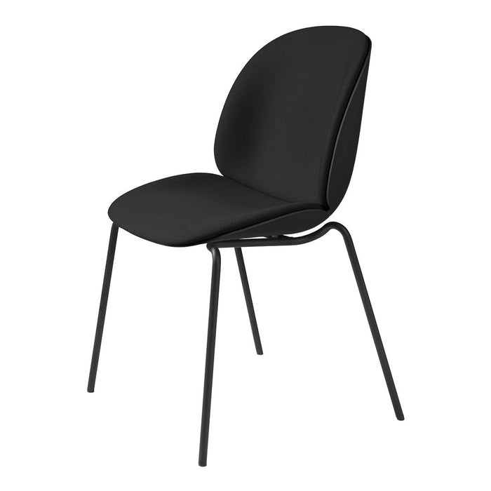 Sleek black chair with a smooth, minimalist design and sturdy black metal legs. Perfect for modern decor.