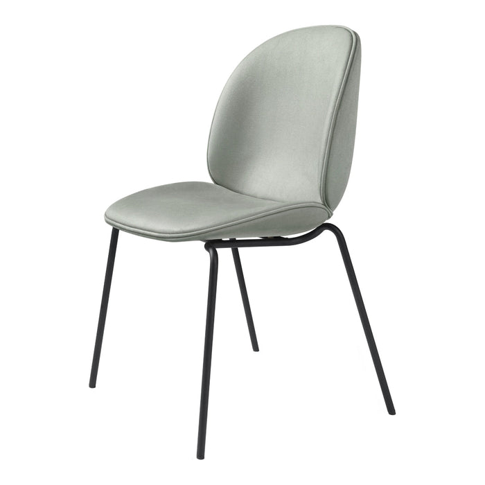 Light grey upholstered chair with smooth, curved design and sleek black metal legs. Ideal for modern interiors.