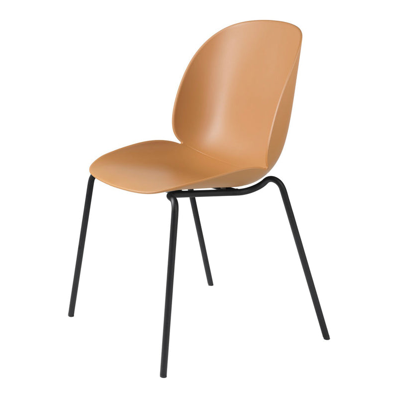 Curved tan seat with sleek black metal legs, minimalist design perfect for modern decor. Lightweight and stylish.
