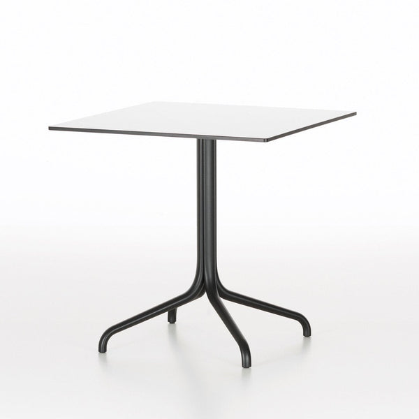White square tabletop with a sleek black metal base, featuring a minimalist design and modern aesthetic.