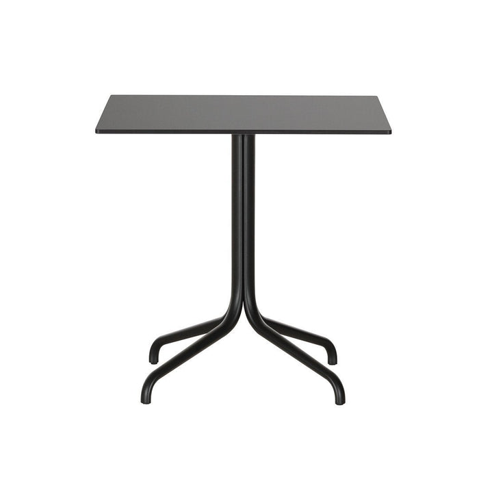 Black square table with sleek legs, featuring a minimalist design and smooth surface for modern decor.
