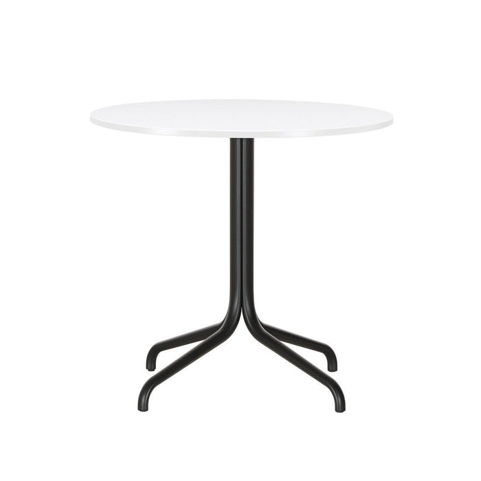 Round white tabletop with a sleek black base, featuring a minimalistic, modern design. Perfect for any space.