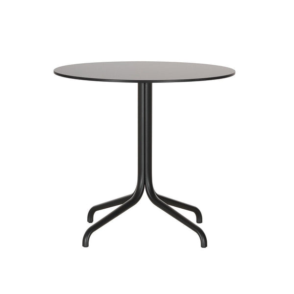 Round black table with a sleek, minimalist design and a smooth, gray tabletop. Ideal for modern settings.