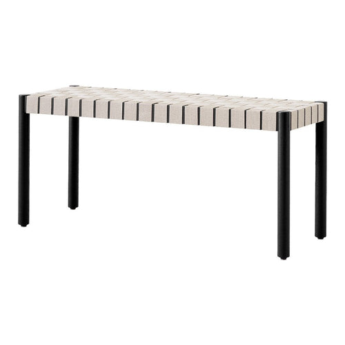 Stylish bench with a striped light beige top and sleek black legs, perfect for modern decor.
