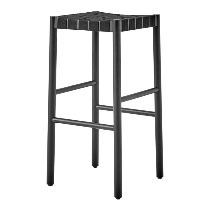 Black metal bar stool with a textured seat and sleek linear design, perfect for modern decor.