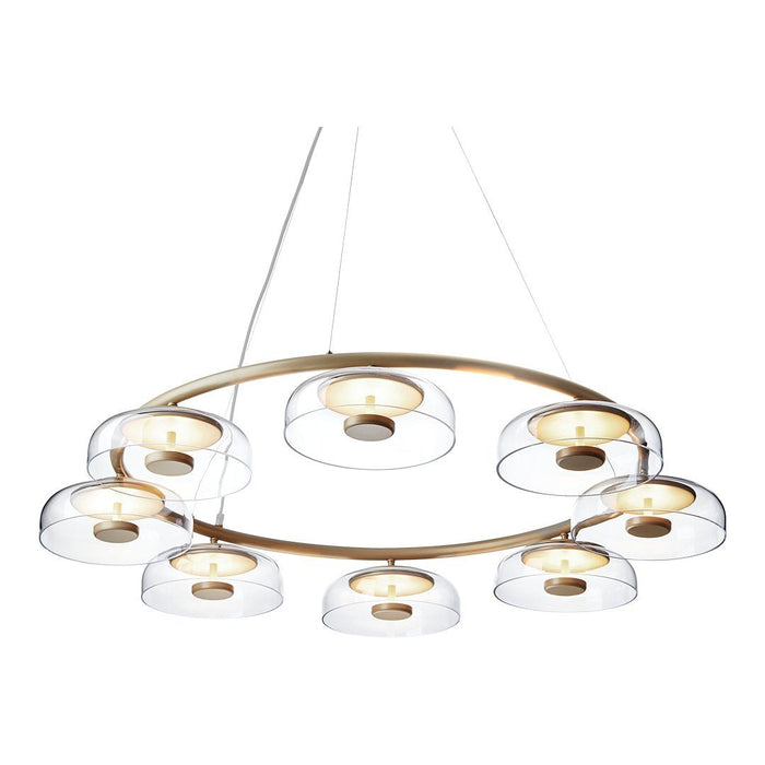 Modern gold chandelier with clear glass shades and nine round light fixtures, creating a minimalist, elegant design.
