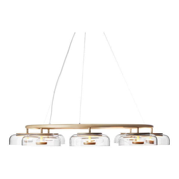 Sleek, modern pendant light featuring clear glass shades and a warm wood base for a minimalist design.