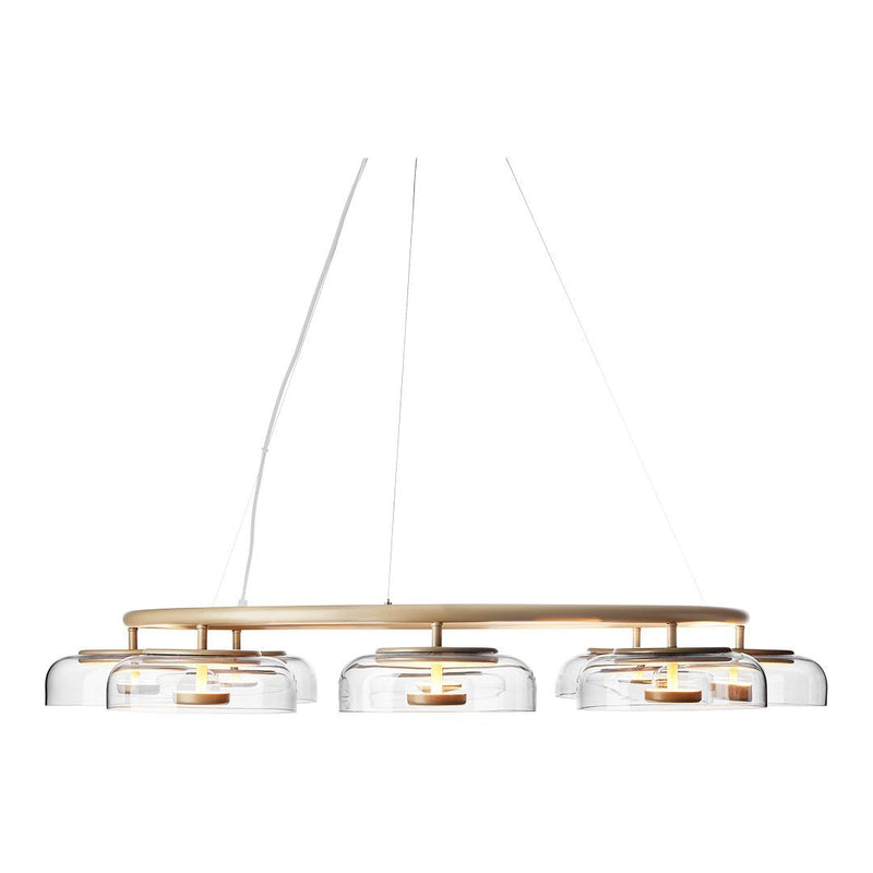 Sleek, modern pendant light featuring clear glass shades and a warm wood base for a minimalist design.