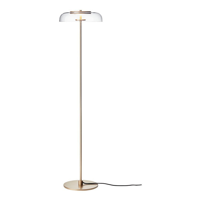 Gold floor lamp with clear glass shade and sleek, modern design; perfect for stylish home decor.