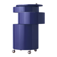 Modern blue side table with a sleek, geometric design and glossy finish, featuring circular and rectangular shapes.