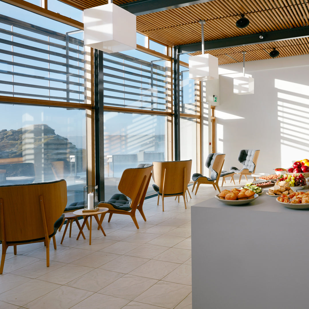 Bright and airy interior with wood tones, neutral furnishings, and large windows, featuring soft light and modern lines.