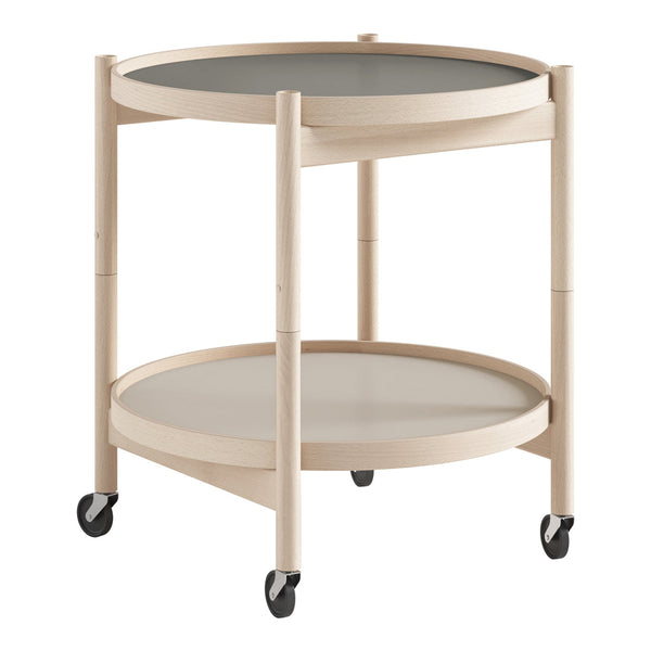 Round wooden cart with a light beige finish and gray surfaces, featuring two tiers and rolling wheels.