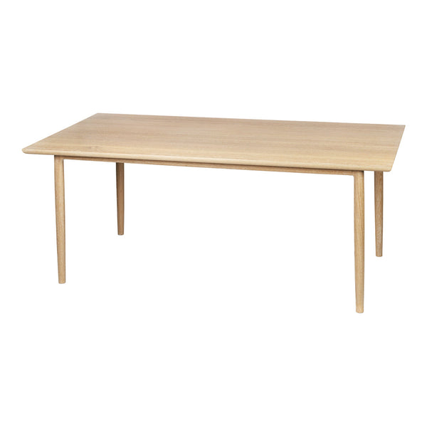Light natural wood dining table with a smooth surface and sleek, minimalist design. Ideal for modern decor.
