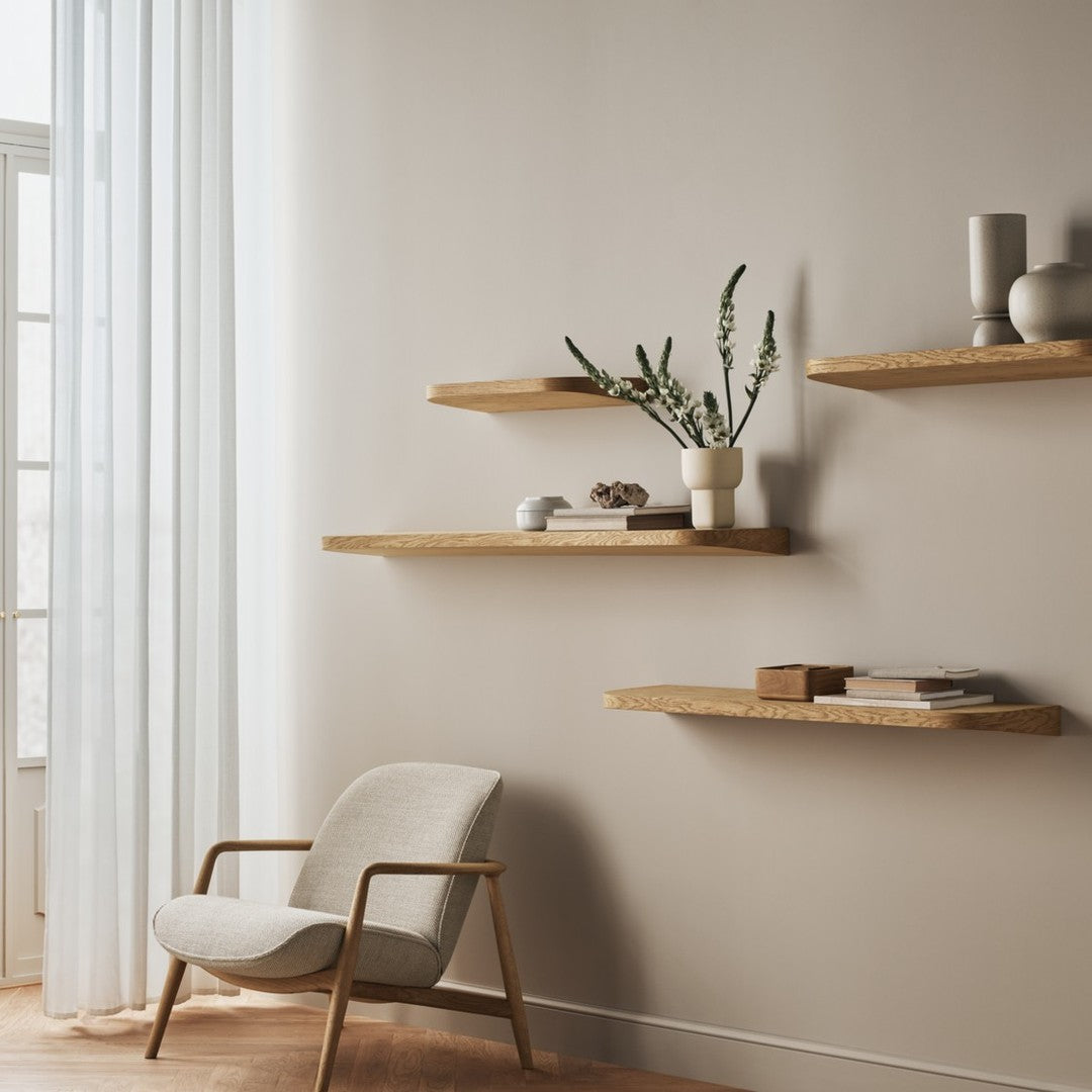 Light beige wall with wooden shelves displaying neutral decor; soft white curtains and a light gray chair enhance the calming palette.