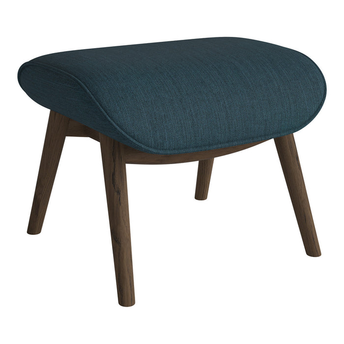 Teal upholstered ottoman with a smooth texture and wooden legs, showcasing a modern and stylish design.