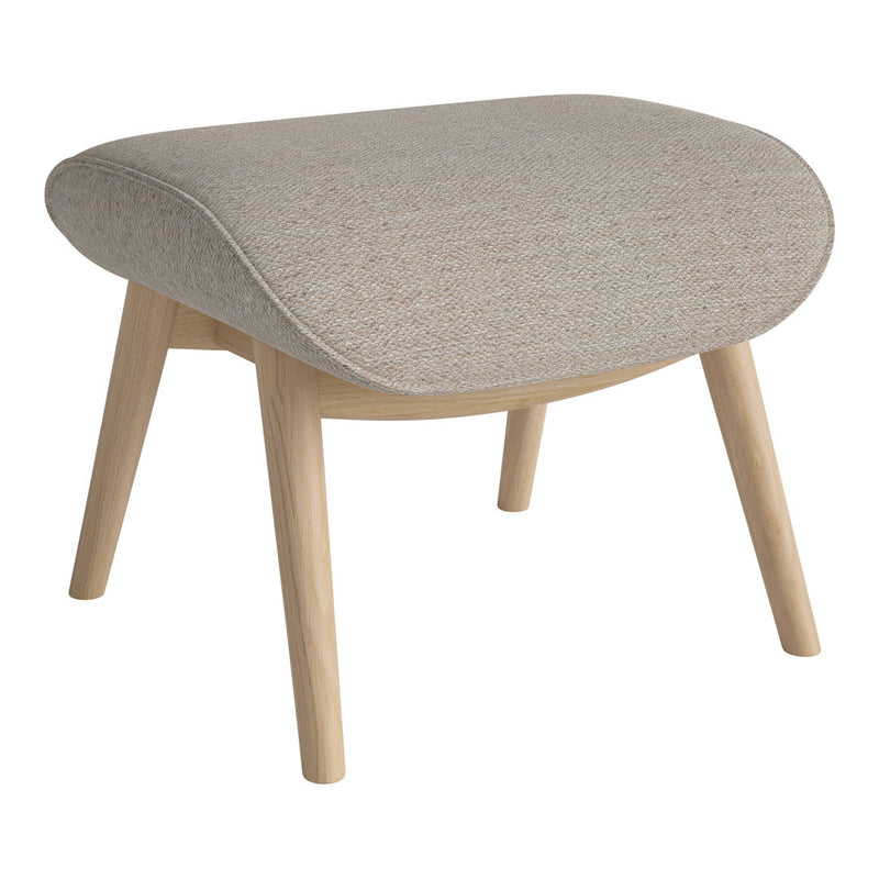 Beige upholstered ottoman with a smooth, rounded shape and light wood legs, featuring a subtle textured pattern.