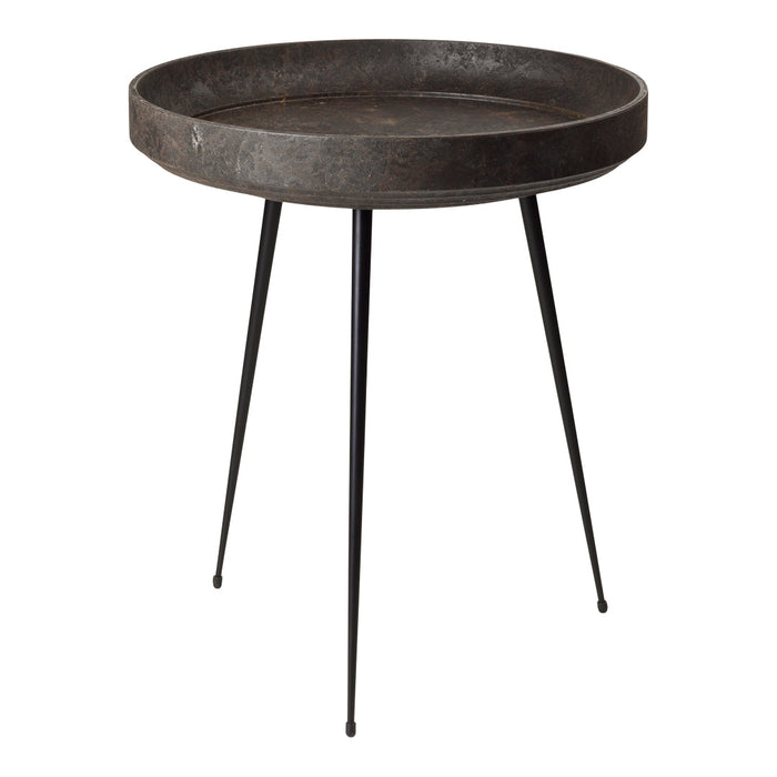 Round black metal tray table with sleek black legs, featuring a textured surface for a modern industrial look.