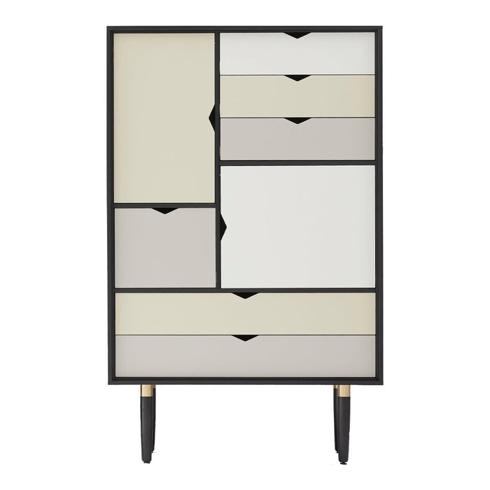 Modern storage cabinet with a sleek black frame, featuring a mix of cream, white, and light gray drawers.