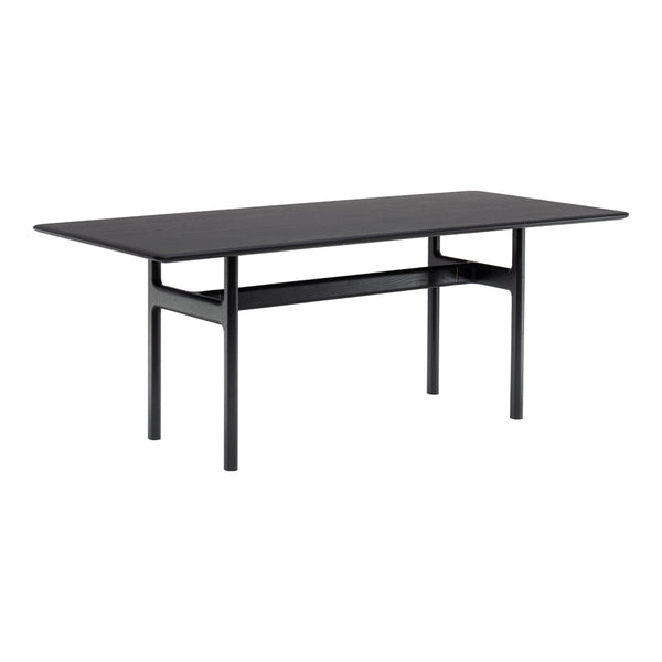 Sleek black rectangular dining table with a minimalist design, featuring a smooth surface and sturdy legs.