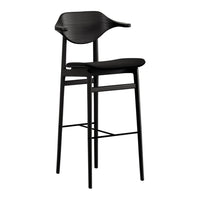 Black bar stool with a sleek, modern design and smooth, curved backrest. Perfect for contemporary decor.