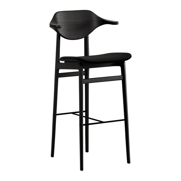 Black bar stool with a sleek, modern design and smooth, curved backrest. Perfect for contemporary decor.