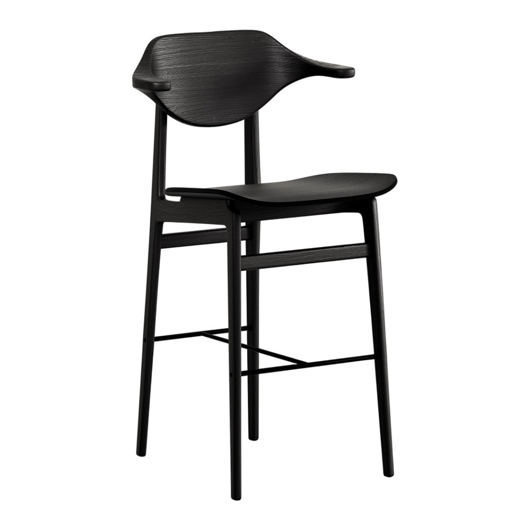 Sleek black bar stool with a modern, ribbed seat design and minimalistic silhouette. Perfect for contemporary spaces.