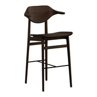 Dark brown wooden bar stool with a smooth, curved backrest and minimalist design.