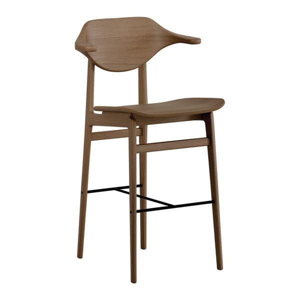 Light brown wooden bar stool with a smooth finish and a minimalist design, featuring curved back and slender legs.
