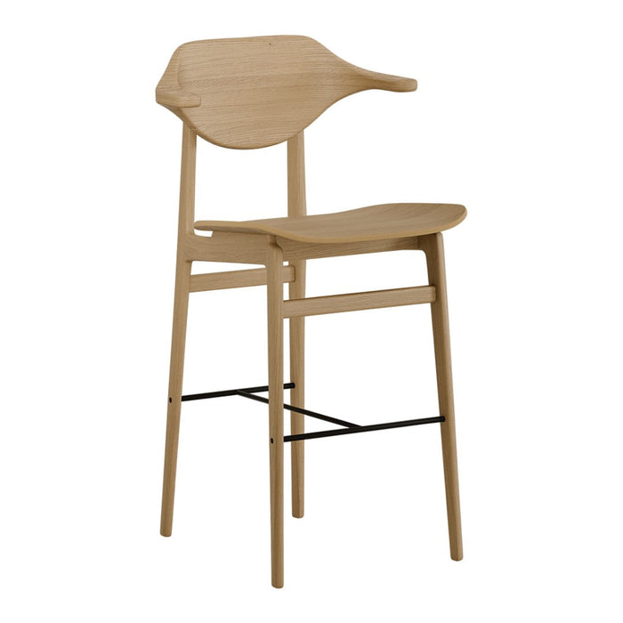 Natural wooden bar stool with a smooth, light grain finish and minimalist design, featuring clean lines and subtle curves.
