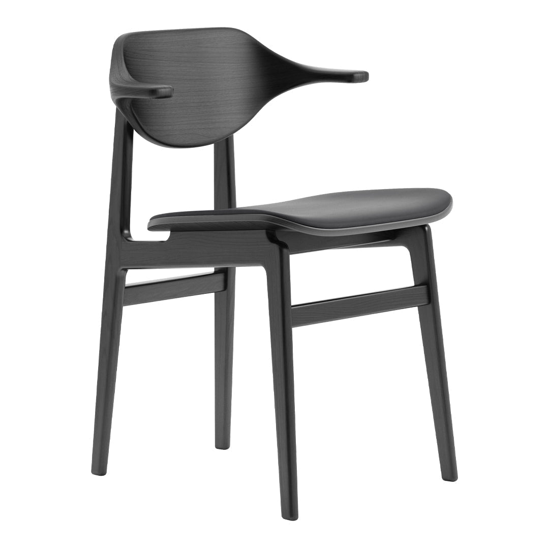 Modern black chair with smooth, curved lines and minimalist design, featuring a sleek matte finish.