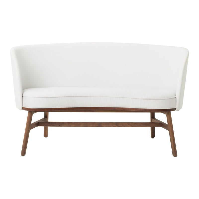 Elegant white curved sofa with a smooth finish and warm brown wooden legs, ideal for modern interiors.