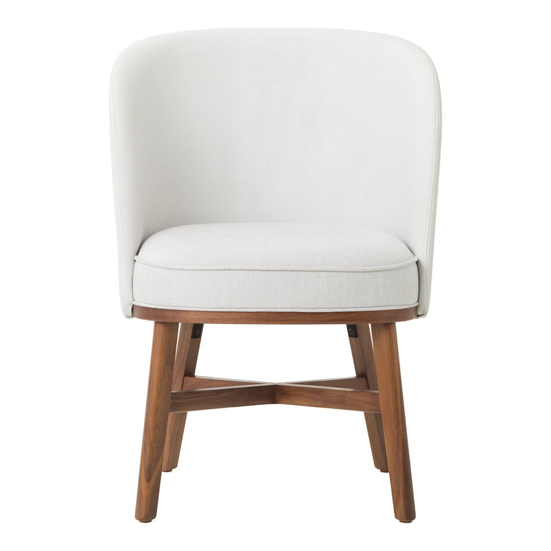 Modern white upholstered chair with a smooth finish and warm wooden legs, featuring a minimalist design.