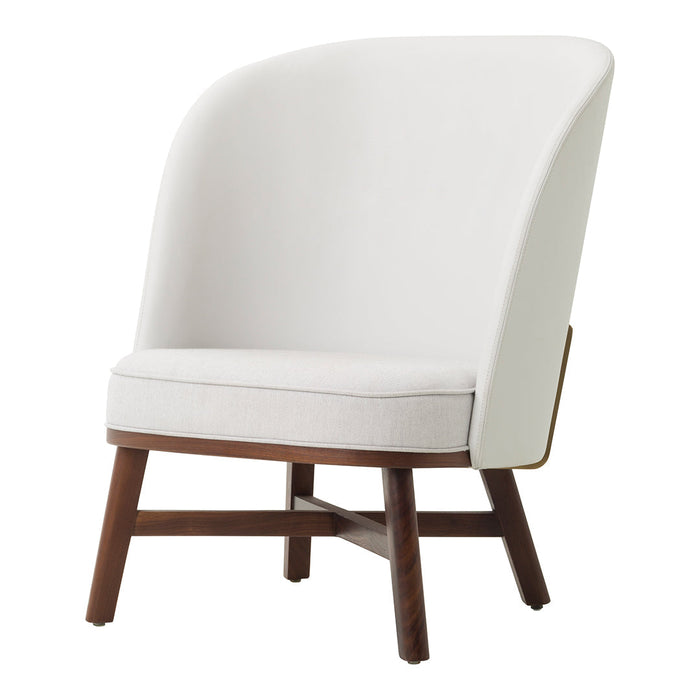White upholstered chair with a curved design and wooden legs, featuring a minimalist and modern aesthetic.