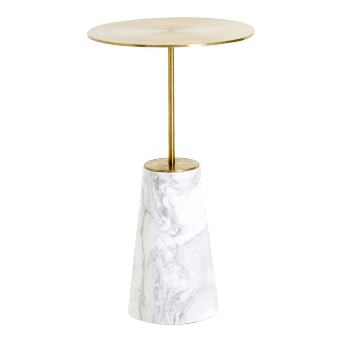 Gold round tabletop with a white and gray marbled base. Sleek, modern design for elegant decor.