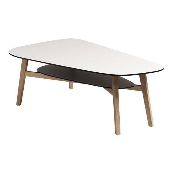 Modern white and black coffee table with natural wood legs and clean, minimalist design. Elegant geometric shape.