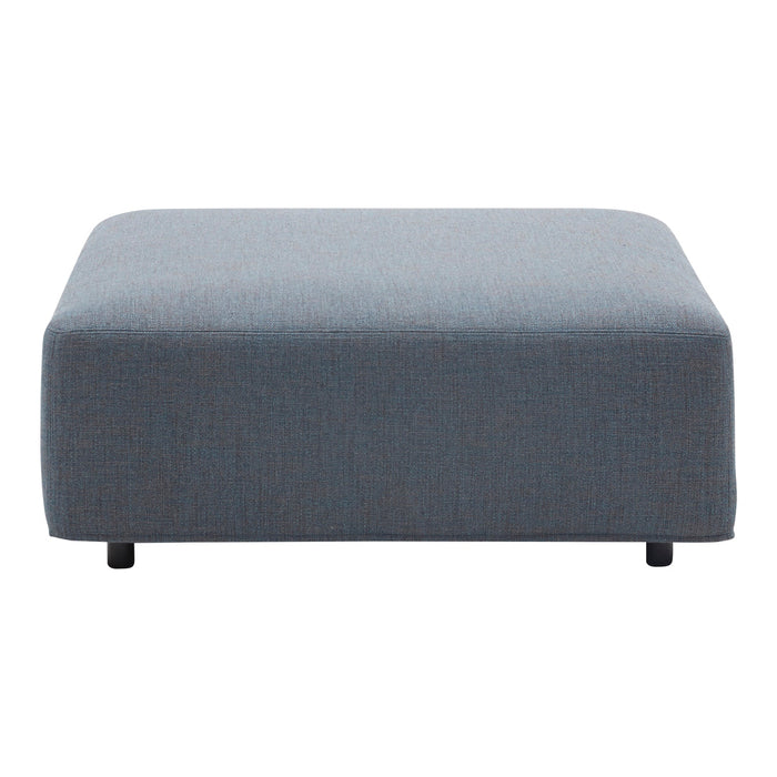 Gray upholstered ottoman with a minimalist design and a smooth, solid fabric pattern. Ideal for modern decor.