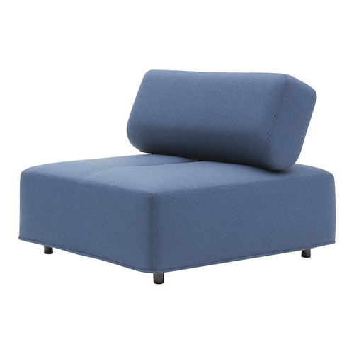 Blue upholstered chair with a modern, minimalist design and a smooth, solid fabric finish.