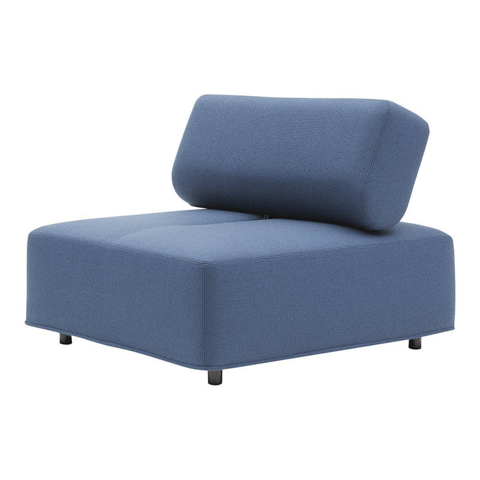 Blue upholstered chair with a modern, minimalist design and a smooth, solid fabric finish.