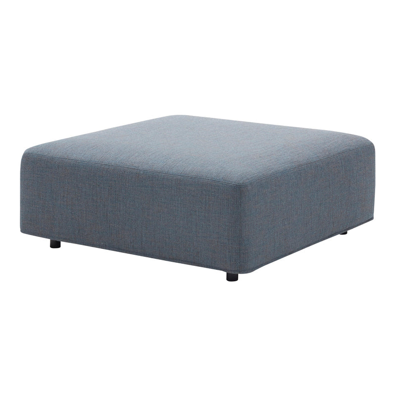 Solid blue cushioned ottoman with a smooth fabric finish and minimalist design. Suitable for modern decor.