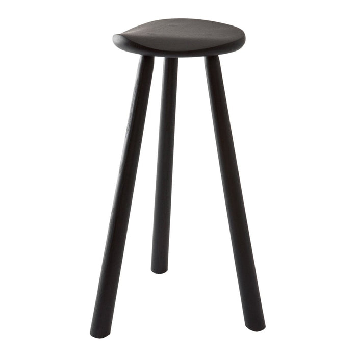 Black wooden stool featuring a smooth, round seat and three tapered legs. Minimalist design suitable for modern decor.