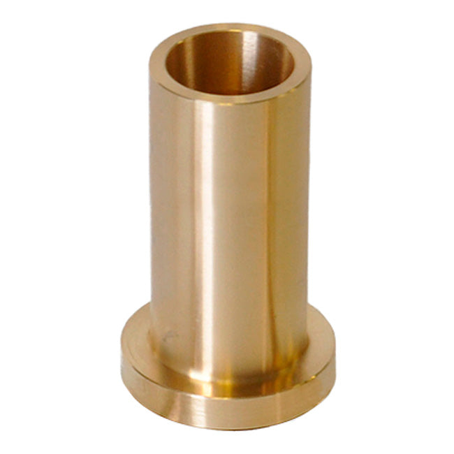 Brass cylindrical bushing with a smooth, shiny gold finish and a flared base. Ideal for machinery or piping.