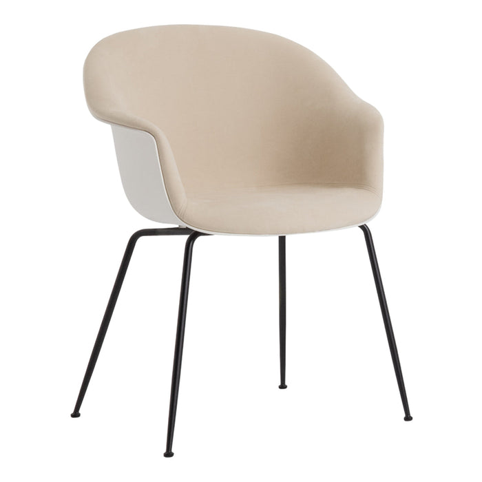 Beige upholstered chair with a white back and sleek black legs, featuring a smooth, modern design.