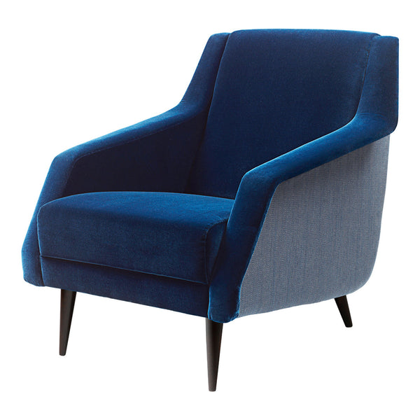 Mid-century modern armchair in deep blue velvet with light gray fabric sides and dark wooden legs.