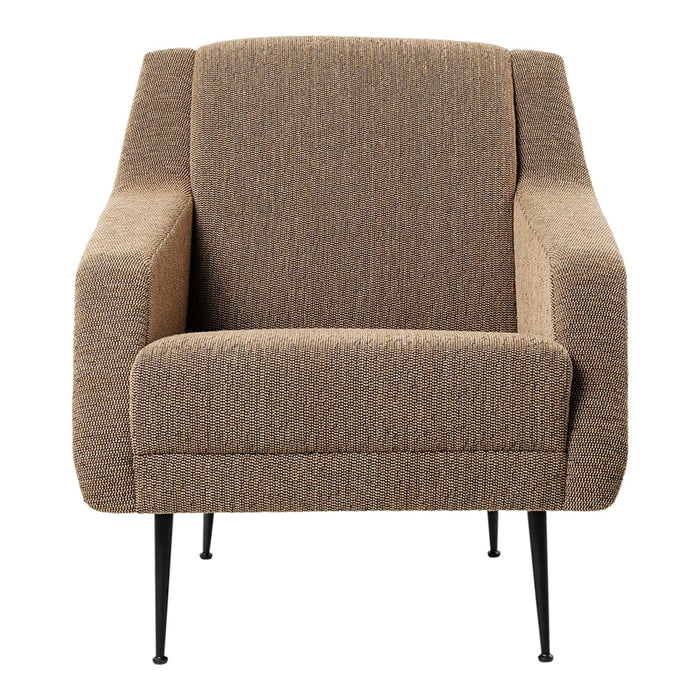 Brown textured fabric armchair with black metal legs, featuring a simple and modern design.