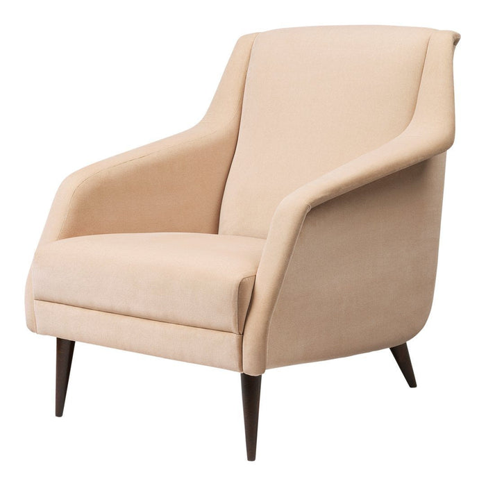Beige upholstered armchair with smooth texture and tapered wooden legs, adding a chic, modern touch to any space.