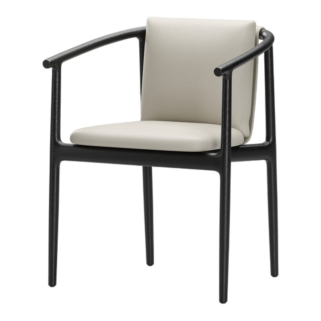 Modern chair featuring a sleek black frame and a soft, creamy white seat cushion. Minimalist design with elegant colors.