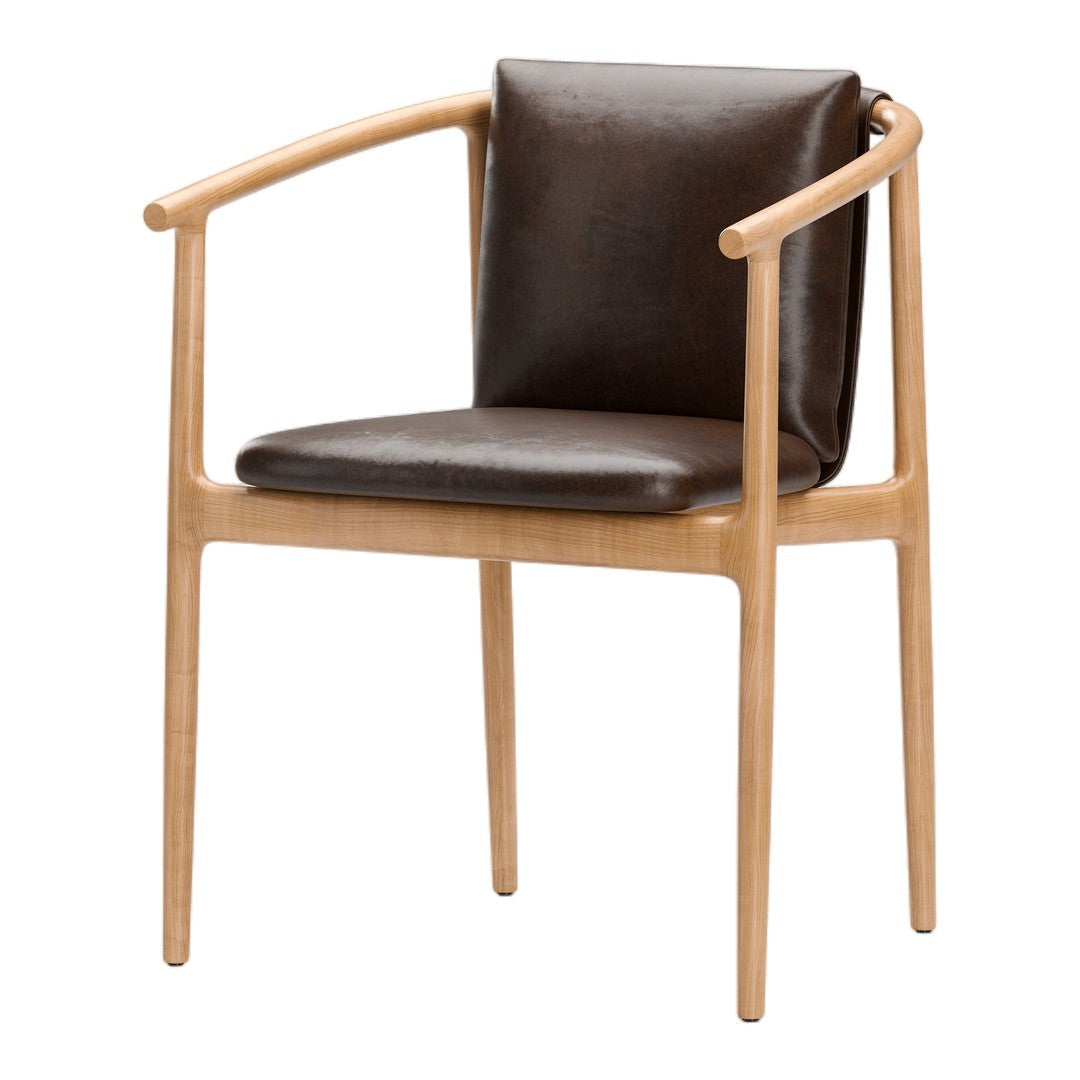Wooden chair with a light natural finish and a dark brown leather seat and backrest. Modern, minimalistic design.